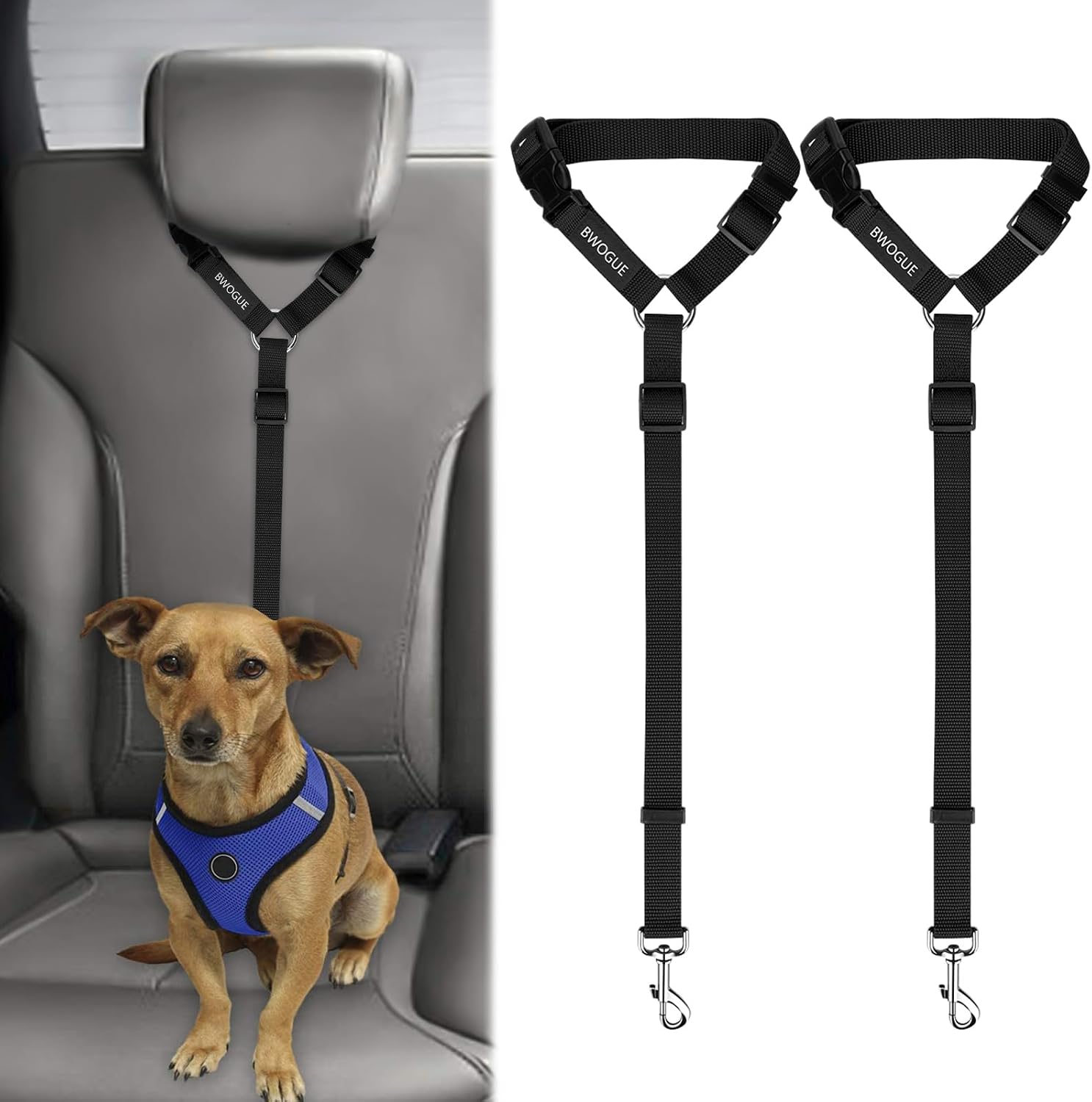BWOGUE 2 Pack Dog Seat Belt for Car, Headrest Restraint Safety Leads | Headrest Loop for Car Travel, 18-30 in Adjustable, 2-in-1 Seat Belt and Leash, 2 Pack for Dogs and Cats, Use with Dog Harness BWOGUE 2 Pack Dog Seat Belt for Car, Headrest Restraint Safety Leads | Headrest Loop for Car Travel, 18-30 in Adjustable, 2-in-1 Seat Belt and Leash, 2 Pack for Dogs and Cats, Use with Dog Harness - Image 1